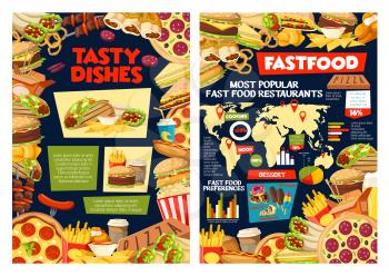 Fast food infographic, popular fastfood restaurants on world map and sandwiches preference percent. Vector pizza delivery and burgers take away charts and street food snacks facts diagrams