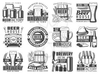 Beer factory and brewing company icons. Vector bar or pub and beverage festival symbols of craft beer pint, wooden barrel with hop, malt and wheat barley, Oktoberfest sausages and pretzel snacks