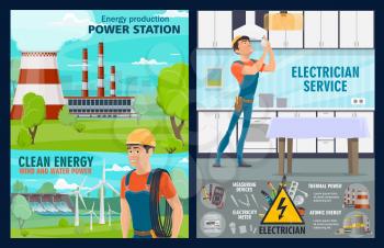 Electrician service, house electric repair tools and power plants. Vector energy generation windmills, hydroelectric energy production power station, electric wires, light switcher and voltage tester