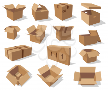 Cardboard boxes isolated mockups. Vector empty paper containers, open and closed packs with freight sign, arrows showing side to carry. Carton box in 3D design, delivery, transportation and shipping