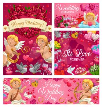 Happy wedding day, engagement ceremony and love forever symbols. Vector save the date holiday attributes, cupids and couples of doves, flower bouquets. Hugging bride and groom, cake desserts, hearts