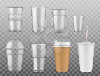 Empty disposable plastic or paper cups with cover and straw isolated on transparent. Vector takeaway coffee cup, containers to pour cold and hot drinks. Realistic 3D design, beverages packages mockups