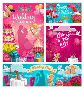 Wedding ceremony, love is in the air calligraphy greeting cards. Vector marriage day symbols, bride and groom couples and holiday dinner in Paris. Flower bouquets and cupids, hearts and gifts