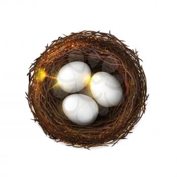 Bird nest with eggs, made of branches isolated. Vector glittering birds nest in realistic design, farming and agriculture. Chicken eggs, poultry breeding, birdie embryo food, wooven eco birdnest