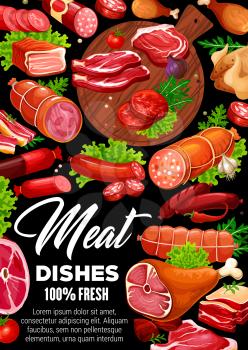 Meat food vector poster of beef steak, pork sausages and chicken, salami, ham and bacon, lamb chops, barbecue burger patty and frankfurters, green herbs and salad leaves on cutting board. Butcher shop