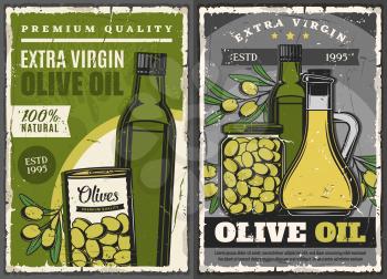 Olive oil and pickled green olive fruits vector design of natural food products. Extra virgin oil bottles and jug, can and jar retro posters with olive tree branches. Vegetable seasonings and dressing