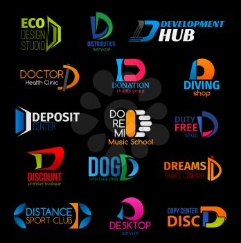 D letter icons of eco design studio, distribution service or health clinic and charity donation group. Vector D symbols of diving sport shop, premium boutique or travel company and music school