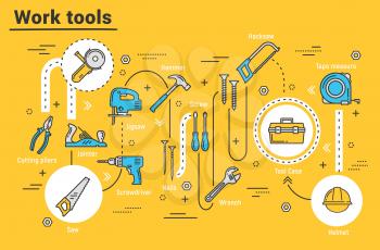 Work tools of house repair, building, construction. Hammer, screwdriver and cutting pliers, toolbox, drill and saw, wrench, helmet and tape measure, hacksaw, jigsaw and jack plane, nails and screws
