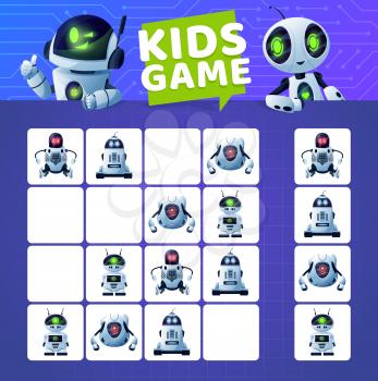 Sudoku game with cartoon robots and droids. Vector kids education block puzzle game, logic riddle or maze on circuit board background with modern white robots, artificial intelligence robots, androids