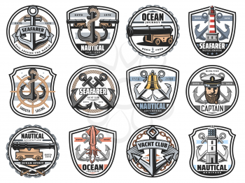 Nautical marine vector icons with anchor, steering wheel and lighthouse, captain, rope and cannon with swords and squid. Isolated emblems for seafarer sail, yacht club or sailing academy, labels set