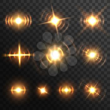 Lens light flare, fiery energy burst or headlights realistic effect. Vector golden glow beam flashes or star sparkles. Photography shining glare, digital lightning radiance 3d elements, isolated set
