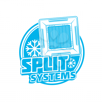 Split systems icon of vector air conditioner ceiling cassette and blue snowflakes. Climate control, air conditioning and cooling system isolated round sign for emblem or badge design