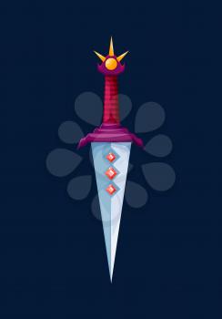 Magical wizard steel dagger blade. Medieval vector knight magic sword. Cartoon warrior weapon, knife with spiked hilt. Cold steel arms with precious gems decor. Ui design element, computer game asset