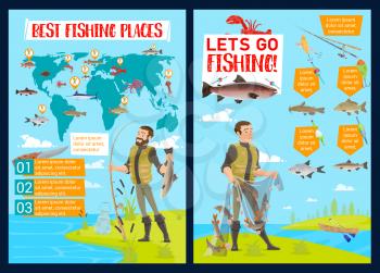 Fishing sport infographics with vector fisherman equipment and fish catch charts. Fisheries world map and graphs with fishers, net and rod, hook, bait and lure, salmon, marlin and tuna, trout and cod