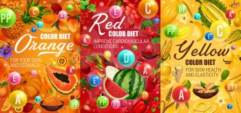 Color diet vitamins in vegetables, fruits and natural berries, organic dietary nuts and cereal grains. Vector red, yellow and orange color diet day of detoxification and immune system health