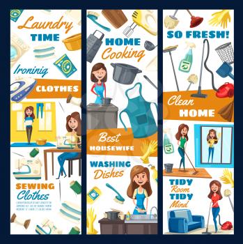 Professional housekeeper service, cleaning and laundry, sewing needlework and kitchen dish washing. Vector housewife cleaning and mopping floor in room, sewing clothes and ironing