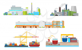 Industrial building vector icons. Exteriors of power station, oil refinery plant and manufacturing factory facilities, warehouse, port and shipyard with chimneys, smoke pipes, containers and ships