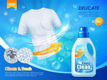 Laundry detergent bottle with handle 3d mockup of liquid washing powder vector design. Stain remover or cleaner plastic container realistic template with clean white t-shirt and oxygen bubbles