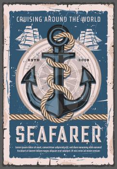 Seafarer sailings, nautical cruises and retro anchor with rope. Vector marine ship, sailboat trips. Ocean and sea adventure spirit, admiralty anchor with twined rope, naval element