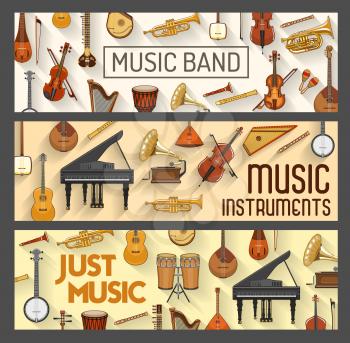 Music band, vector musical instruments. Violin and orchestra harp, piano and cymbals, maracas and saxophone. Trumpet and piano, contrabass, acoustic guitar, flute pipe, percussion ethnic drums