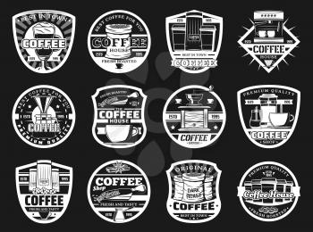 Roasted coffee in sack, takeaway drink in cups, cafeteria symbols. Grinder mill, coffee-machine, scoop with beans and mug, morning arabic beverage in turk. Coffee shop isolated monochrome vector icons