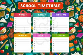 School timetable vector template with weekly schedule of student lessons with education supplies. Study plan or daily planner chart on background with books, notebook and backpack, paint, brush, pen
