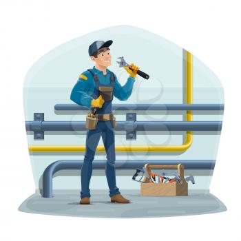 Plumber and water pipes, plumbing repair service worker with work tools. Vector plumber, water and gas supply pipes inspector with wrench and tools box, home sewage pipeline maintenance