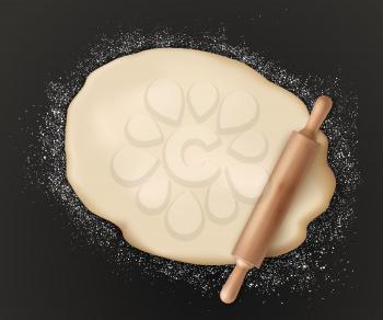 Rolled pastry dough and rolling pin on black. Vector pizza dough sprinkled with flour, bakery food preparation and kitchen utensil. Homemade domestic bread pastry cooking, raw cake and pin with handle
