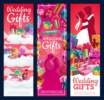 Wedding gifts, presents on marriage day wrapped in decorative paper. Vector piles of boxes on clouds, hugging couple bride and groom. Silhouette of fiancee in white dress and bridegroom, surprises