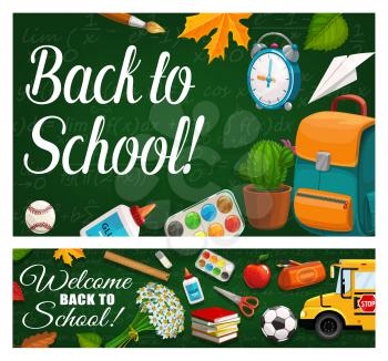 Back to School green chalkboard and study classes supplies. Vector school bus, pens and pencils, books and watercolor paint brush, football and baseball ball, scissors, apple and flowers