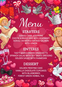 Wedding menu card, Save the date marriage party dishes list. Vector wedding menu starters, entrees and desserts, cupid angels and kissing birds, roses flowers and golden ring with diamond