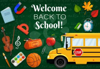 Welcome back to school, 1st September time to start lessons. Vector green chalkboard with formulas, bus transport and stationery items. Clock and leaves, basketball and violin, music note, protractor