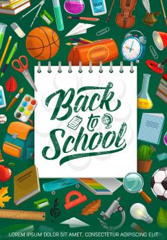 Back to school grunge lettering on paper notebook and stationery tools backdrop. Vector time to study, clock and lamp, exercise book, microscope. Football and basketball balls, music note, pencil case