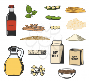 Soy food products and healthy nutrition icons. Vector soybeans sprouts, oil and butter or flour and miso seasoning, tofu skin and curd cheese, soy meat raw organic food ingredients