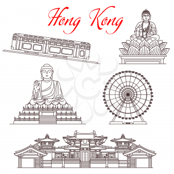 Hong Kong travel landmarks, architecture and famous sightseeing symbols. Vector Buddhist temples, Tian Tan Big Buddha in Lotus statue, wheel and Peak funicular