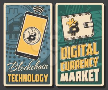 Cryptocurrency payment, bitcoin transaction and blockchain technology poster. Vector digital currency market, wireless mobile phone payment, crypto currency wallet and online banking trade
