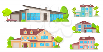 Houses, mansions and residential real estate building icons. Vector family homes, cottage houses or villa, apartments, urban property with terraces and garages