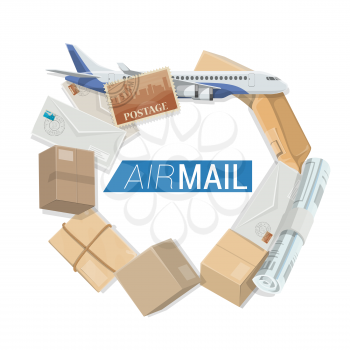 Air mail parcels and letters post delivery service, vector. Shipping and courier delivery logistics, airplane cargo fright with correspondence newspapers, letter envelopes and goods mail boxes