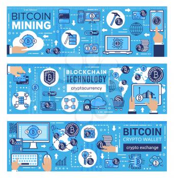Bitcoin mining, cryptocurrency, blockchain network and digital money exchange technology. Vector digital currency ico, computer crypto coin mining servers and coin wallet safe transaction