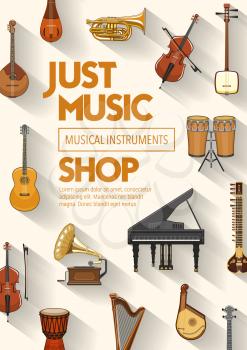 Music shop, musical instruments and sound band equipment. Vector folk, classic jazz and orchestra music instruments, piano and jembe drums, guitar, violin cello or harp and gramophone