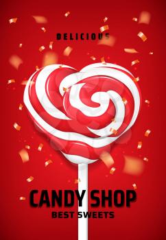 Lollipop candy in shape of heart, sweet food vector design of sweets shop. Swirl lollypop with red and white hard sugar candy spirals on plastic stick, decorated with pink confetti