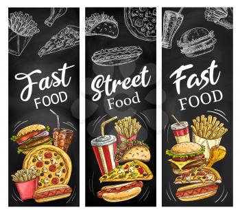 Fast food menu blackboard with meal and drink chalk sketches. Vector hamburger, pizza and hot dog, french fries, soda and chicken leg, cheeseburger and mexican taco chalkboard banners design