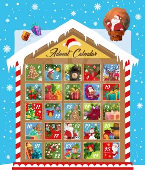 Christmas advent calendar vector design of Xmas and New Year december month holidays countdown. Christmas tree, Santa gift and stocking, snowman, elf and presents, bell, candy and cookie