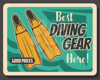 Diving professional equipment store vintage poster. Scuba dive training school and snorkeling underwater sport accessories, diver flipper swimfins and diving gear, summer adventure club