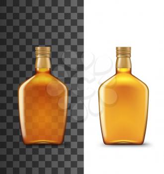 Whiskey bottle realistic 3d mockup template. Vector isolated blank orange bottle of drink premium alcohol beverages, Irish or Scotch whiskey, elite cognac or bourbon, bar menu symbol