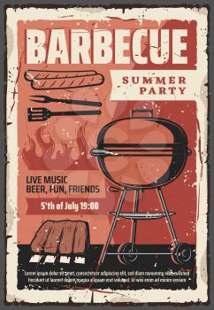 Barbecue summer party vintage retro poster, BBQ grill meat steaks and hot dog sausages. Vector outdoor barbecue picnic party, ribs and hamburgers cooking on charcoal fire