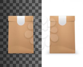 Food paper bag package 3d mockup model template. Vector isolated realistic brown paper bag pouch, folded with sticker label seal, bakery, grocery store or shop and fast food package