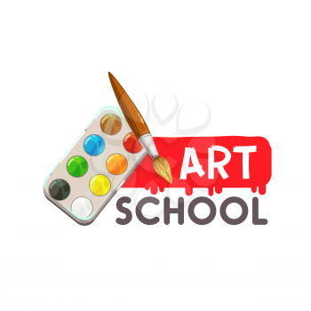 Arts school icon, painting and artist drawing design, vector education emblem. Watercolor palette and pint brush symbol for graphic design and painting art school or studio