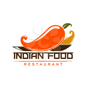 Indian cuisine restaurant icon, vector symbol. Indian kitchen and cuisine food menu icon of chili pepper spice on curry plate, Indian traditional meals