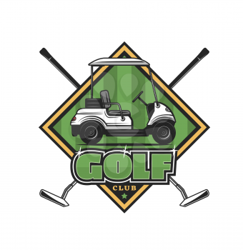 Golf club icon cart on green field and crossed clubs. Vector emblem with sticks and car. Sport equipment and transport for golf championship, tournament, professional game, training or competition